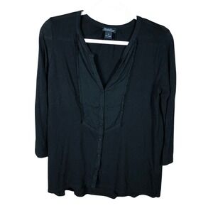 Lucky Brand Black‎ Ruffle Trim Button Front Henley Top Womens Small 3/4 Sleeve